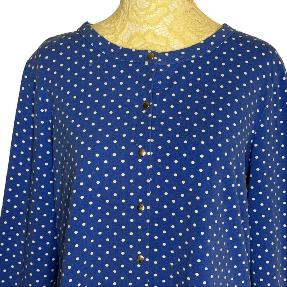 Susan Graver Cardigan Jersey Knit Top Snap Front Polka Dot Blue White S - Picture 2 of 7
